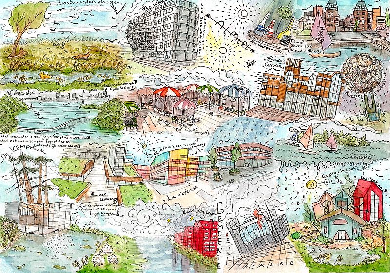 Kleurrijke waterverftekening van Miro Kyba, een leerling van het Park Lyceum die vanaf september 2021 is opgenomen in de collectie van stadsarchief Almere