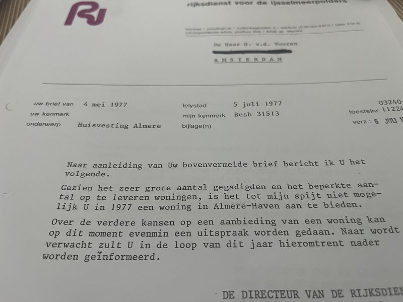 Brief over huisvestiging in Almere in 1977